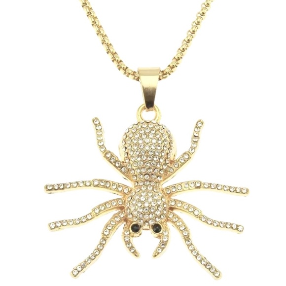 Jewelry - Spider Pendant Necklace Inlaid Rhinestones - Silver and Gold Color Accents